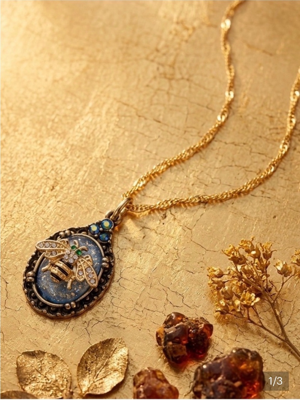 Vintage Gold-Tone Bee Pendant Necklace with Blue and Green Accents